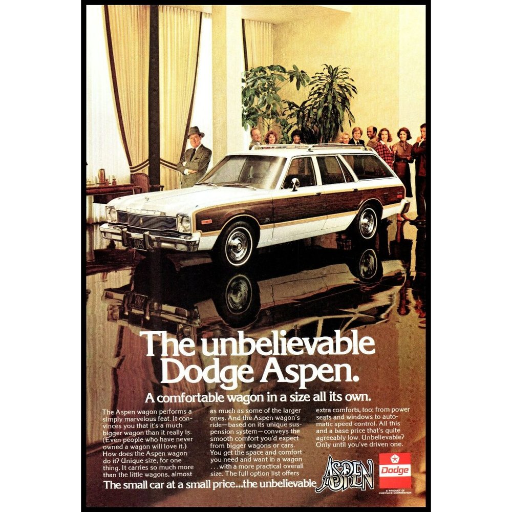 1976 Dodge Aspen Station Wagon Vintage Print Ad Wood Grain Classic Car Wall Art